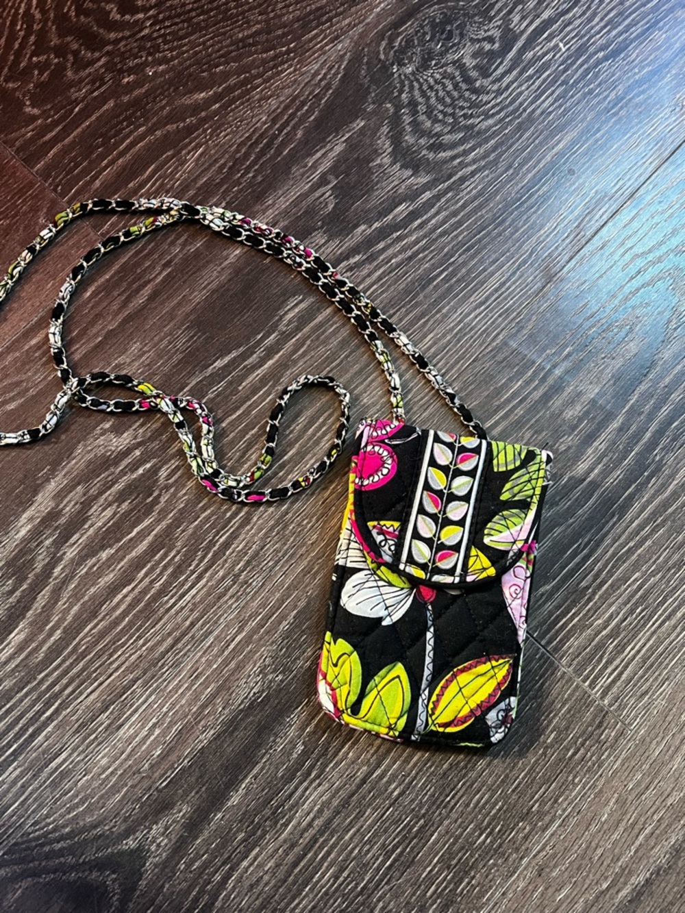 Vera Bradley Black Quilted Mini Crossbody with Lime, Pink & Yellow Floral